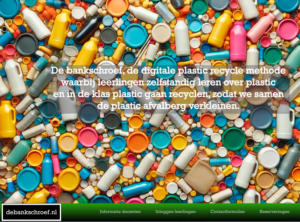 Colorful collage of plastic bottle caps and containers with Dutch text about learning to recycle to reduce plastic waste.