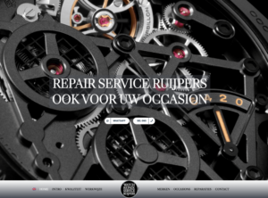 Close-up of inner watch gears with overlay text advertising watch repair service in Dutch.