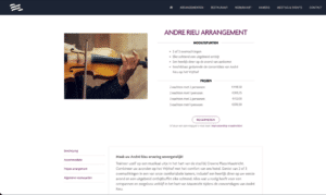 Webdesign Limburg | A violinist playing a violin on a webpage featuring an André Rieu arrangement, with pricing information and a reservation button on the right.