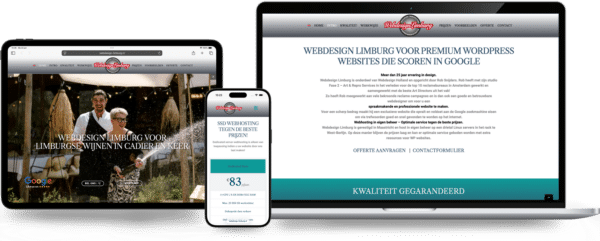 Webdesign Limburg | Showcase of a responsive web design across tablet, phone, and laptop for Webdesign Limburg (branding and services shown).