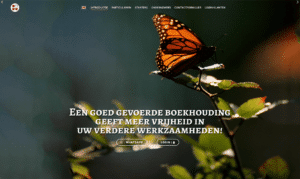 Webdesign Limburg | Monarch butterfly perched on a leafy twig with a blurred green background; prominent Dutch headline overlaid: 'Een goed gevoerde boekhouding geeft meer vrijheid in uw verdere werkzaamheden!' and small WhatsApp and Login buttons.