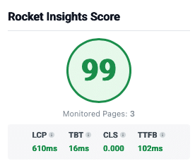Webdesign Limburg | Rocket Insights Score 99 badge with Monitored Pages: 3; LCP 610 ms, TBT 16 ms, CLS 0.000, TTFB 102 ms on 3 pages