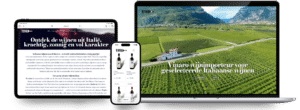 Webdesign Limburg | Three devices show a Vinaro wine website: laptop with a vineyard hero, tablet with an Italian-wine article, and a phone with product cards—demonstrating responsive design.
