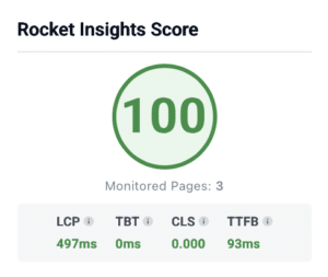 Webdesign Limburg | Rocket Insights Score badge: 100, with 3 monitored pages; LCP 497ms, TBT 0ms, CLS 0.000, TTFB 93ms.