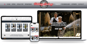 Webdesign Limburg | Responsive web design showcase on laptop, tablet, and phone displaying a Limburg wine shop site.