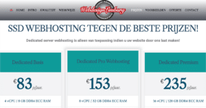 Webdesign Limburg | Web hosting pricing grid with three plans and yearly prices: €83, €153, and €235 per year (Dutch site).