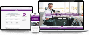Webdesign Limburg | Responsive preview of the A-Tax Zuid taxi website on laptop, tablet and phone, with a driver beside a car and purple branding in the header/hero area.