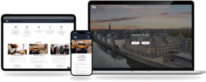 Webdesign Limburg | Responsive hotel website displayed on laptop, tablet, and phone; hero image of Crowne Plaza Maastricht with booking buttons on the laptop screen.