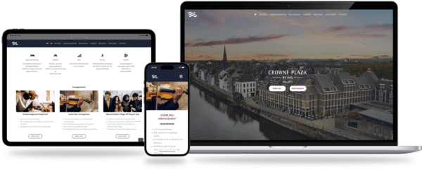 Webdesign Limburg | Responsive hotel website displayed on laptop, tablet, and phone; hero image of Crowne Plaza Maastricht with booking buttons on the laptop screen.