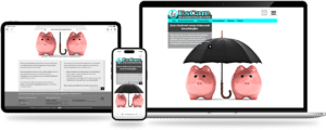 Webdesign Limburg | Responsive website mockup on laptop and mobile showing two pink piggy banks under an umbrella, symbolizing financial protection by Escare Bescheringsbewind.