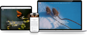 Webdesign Limburg | Responsive website mockups shown on a laptop, tablet, and smartphone; left screen features a butterfly image with Dutch text, center shows a small device with text, and right screen displays a blue background with barbed wire and bold Dutch headline.