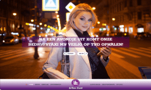 Webdesign Limburg | Hero image of a stylish woman on a night city street with a purple promotional banner about safe taxi pickup after a night out, for a taxi company.