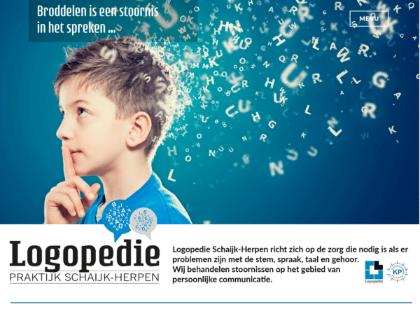 Webdesign Limburg | Young boy with finger at lips, letters streaming from his head to symbolize speech therapy.